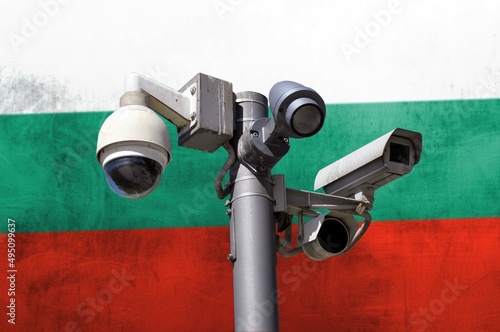 Closed circuit camera Multi-angle CCTV system against the background of the national flag of Bulgaria.
