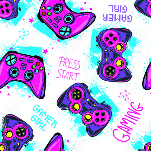 Abstract Seamless hand drawn pattern with joystick. Gamer elements for boy t-shirt design. Repeat print with gamepad sign for boys textile and more
