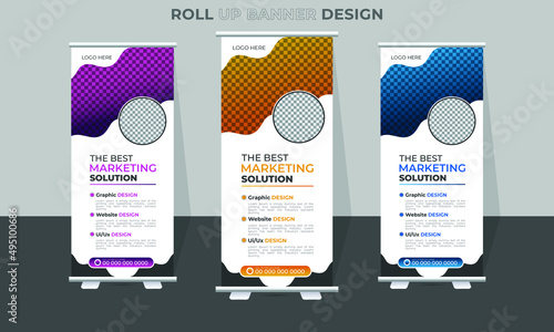 Modern Creative corporate roll up banner design in curve shape layout, Abstract geometric curve and exhibition ads pull up design x-banner design template.
