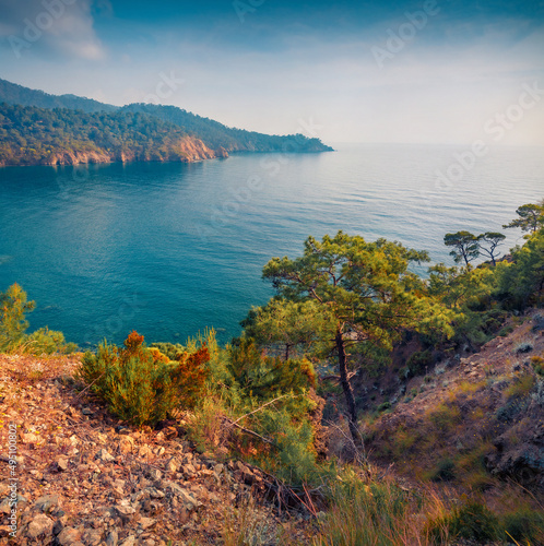 Fototapeta Naklejka Na Ścianę i Meble -  Attractive summer seascape of  Mediterranean sea, Turkey, Asia. Aerial morning view of small bay on outskirts of Tekirova village. Beauty of nature concept background.