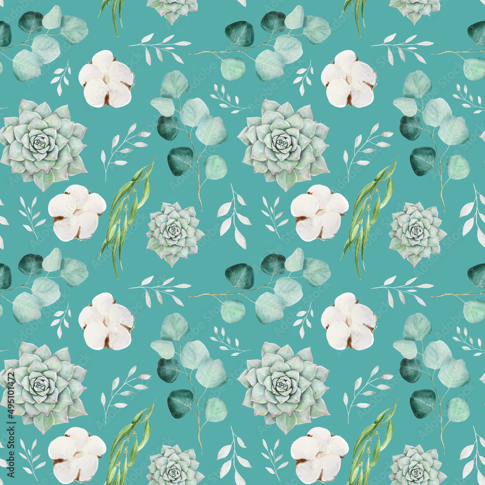 Seamless watercolor pattern with succulents, cotton and eucalyptus