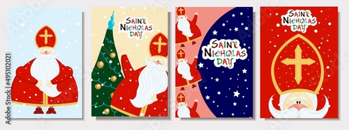 A set of postcards for the day of saint nicholas. Sinterklaas eve. Vector illustration. Priest in a red miter. Children's winter religious holiday. Christianity photo