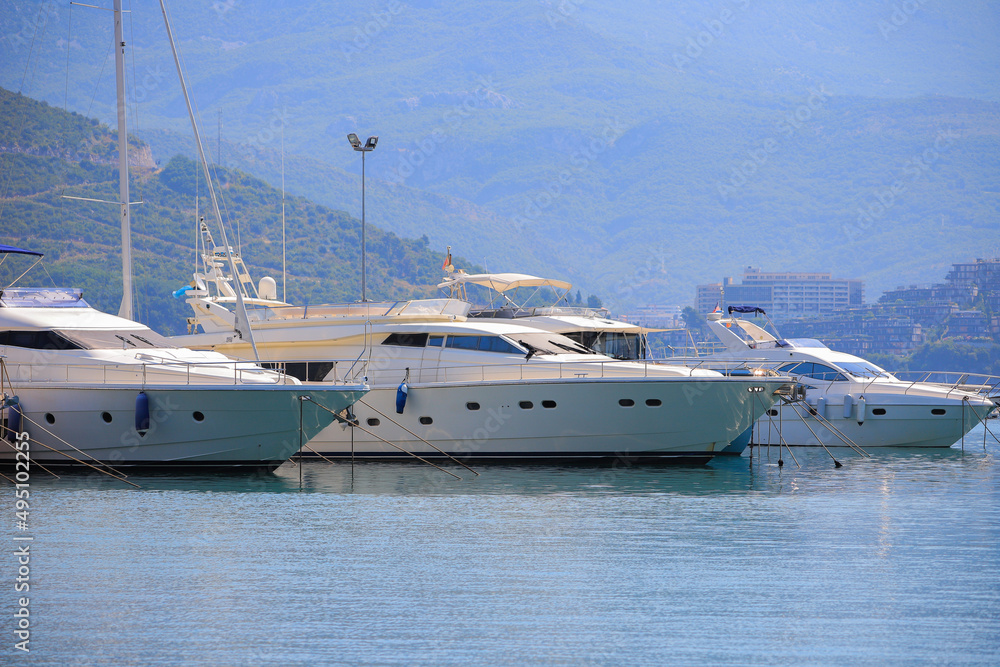 Luxury motor yacht moored in the marina