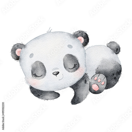 Watercolor illustration of a cartoon panda sleeping. Cute animals.