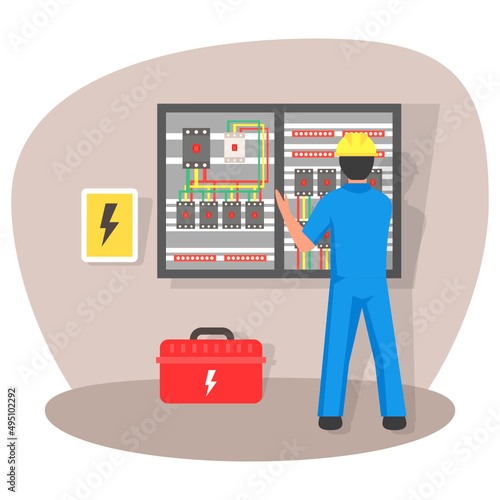 Control voltage switchboard  Concept, Handyman Distribution board for control electrical voltage in house or office vector icon design, Electrician Profession symbol, Power Supply and wiring Sign, 