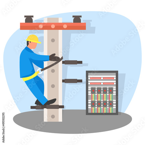 Lineman Climb On Cement Electric Pole wearing Helmet Concept vector color icon design, Electrician Profession symbol, Power Supply and wiring Sign, handyman and Repairman tools stock illustration