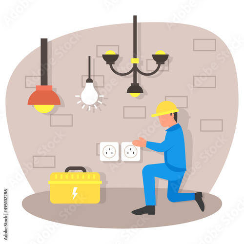Household electrician Fixing Switch Board Concept, Down light Repairing vector icon design, Electrician Profession symbol, Power Supply and wiring Sign, handyman and Repairman tools stock illustration