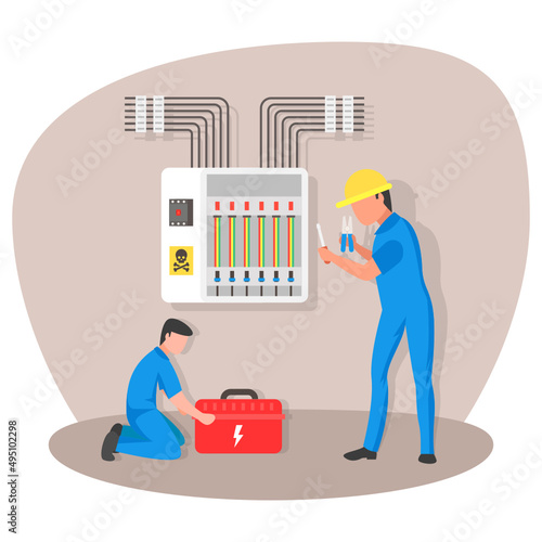 Main Distribution Board Control the power failure from the building switch panel of power plant Concept vector color icon design, Electrician Profession symbol, Power Supply and wiring Sign,
