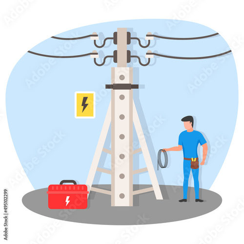 Technician fixing or repairing broken power line on electric pole Concept, highly dangerous work vector icon design, Electrician Profession symbol, Power Supply and wiring Sign, handyman and Repairman