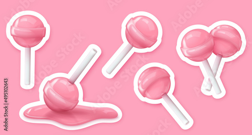 Stickers with realistic pink glossy candies on a stick, lollipop, melted. Look like 3d rendering. Vector illustration for card, party, design, flyer, poster, banner, web, advertising.