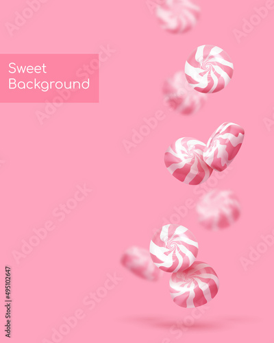 Poster with realistic falling pink glossy candies, lollipop. Look like 3d rendering. Vector illustration for card, party, design, flyer, poster, banner, web, advertising.