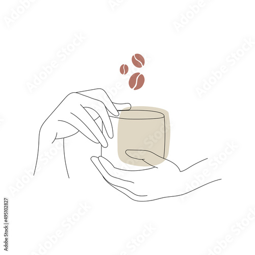Hands holding a cup of coffee. Coffee pattern. Background with cup, hands and beans. Morning coffee modern concept. Line art minimalistic style.