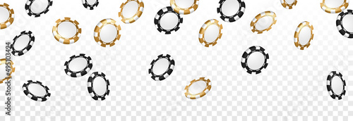 Vector casino chips fall from the sky. Chips PNG, casino. PNG gold and black chips. Jackpot, winner, poker.