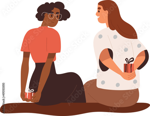 Happy Girl Friends with Gifts Cartoon Illustration