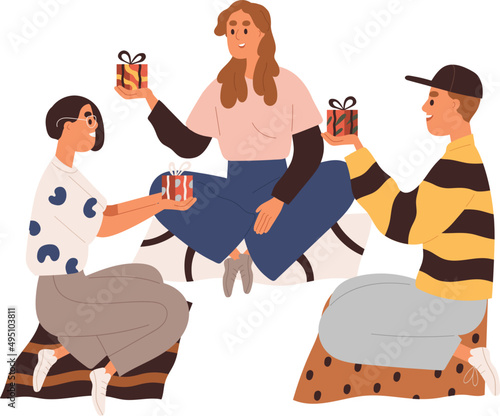 Happy Friends with Gifts Cartoon Illustration