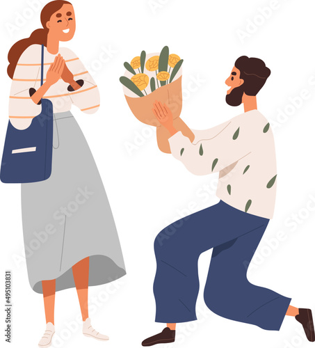 Man Giving Flower Bouquet to Woman Cartoon Illustration