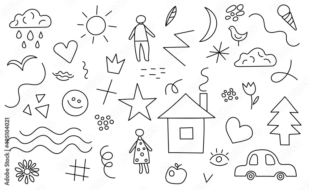 Childish doodle elements with people, car, house