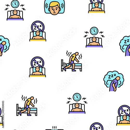 Insomnia Person Chronic Problem Vector Seamless Pattern Thin Line Illustration