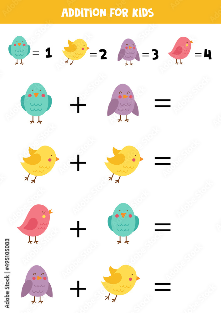 Addition for kids with different spring birds. Addition for kids with different spring birds.