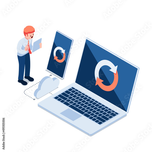 Isometric Businessman Synchronizing Laptop and Smartphone