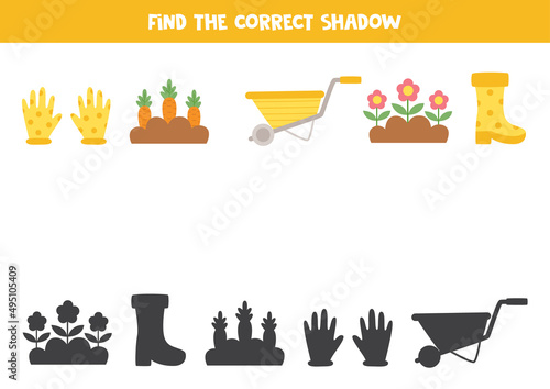 Find the correct shadows of cartoon garden tools. Logical puzzle for kids.