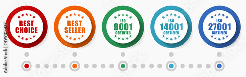 Best choice, best seller and iso vector icon set, flat design round business buttons, colorful infographic template
