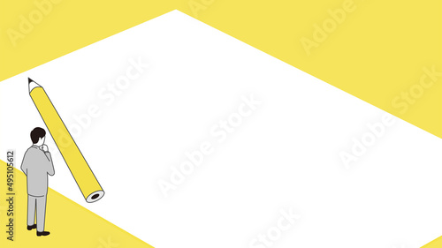 白紙の前で悩むスーツの男性のイラスト、中央にコピースペース、ベクター