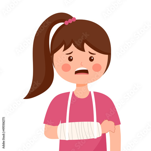 Girl with broken arm in flat design on white background. Injured child with bandage arm.