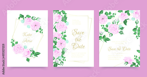 Wedding Card. Engagement Invitation with Vintage Rose. Spring Leaves Border. ...