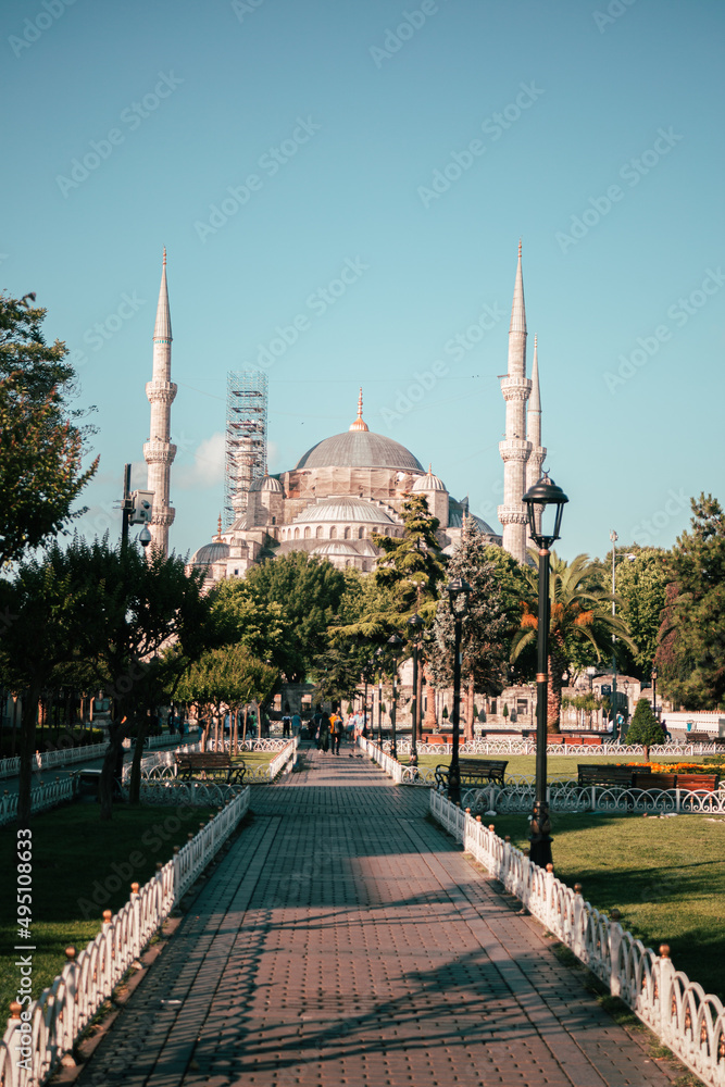 Panoramic photo of The Blue Mosque (Sultan Ahmed Mosque) in Istanbul Turkey