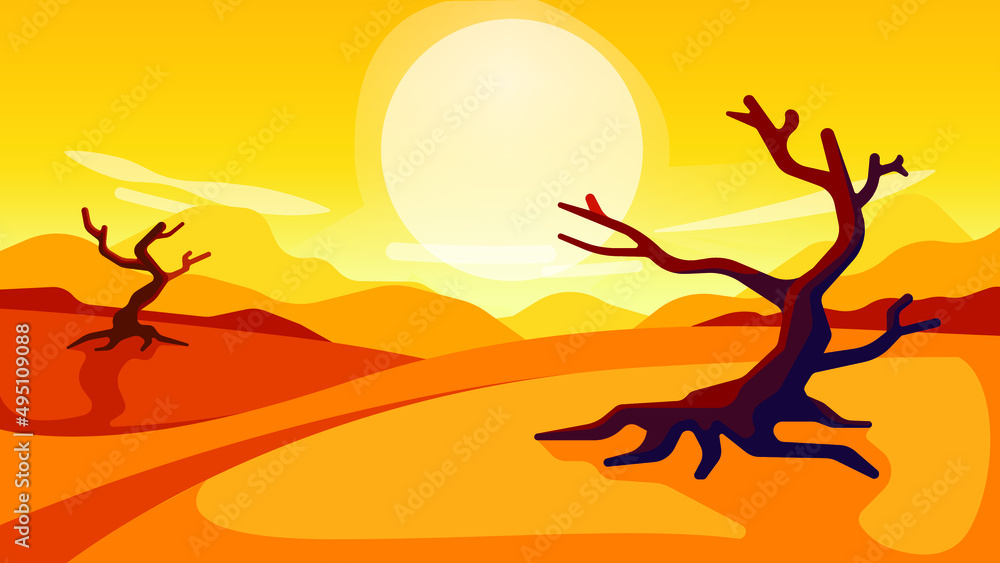 Desert view with dry tree and sunny sky. Sunrise or Sunset. stylized vector illustration of a desert landscape with dead trees.
