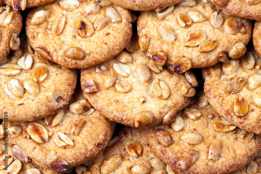 wheat-oatmeal cookies with peanuts, closeup