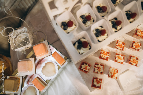 Wedding buffet. Desserts and fruits.