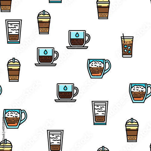 Coffee Types Energy Morning Drink Vector Seamless Pattern Thin Line Illustration