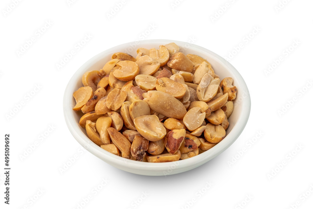 Roasted groundnut in white bowl isolated on white background with clipping path Roasted groundnut in white bowl isolated on white background with clipping path
