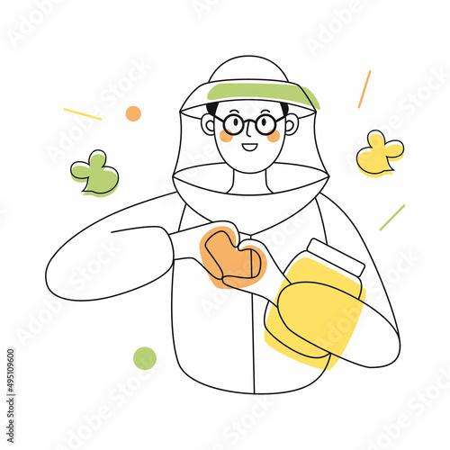 Beekeeper male character in a bee protection suit with a jar of honey.