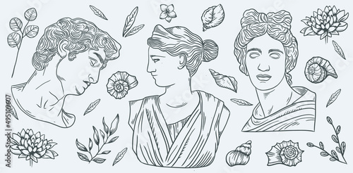 Ancient sculptures sunken underwater in sea or ocean. Vector vintage illustration A statue of the Greek goddess underwater with seashell and sea flowers