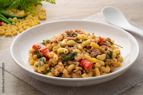 Stir-Fried Minced pork and Basil with elbow macaroni,Pad Kra Pao,Thai fusion food