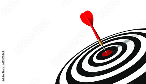 Red dart hit to center of dartboard. Arrow on bullseye in target. Business success, investment goal, opportunity challenge, aim strategy, achievement focus concept. 3d realistic vector illustration
