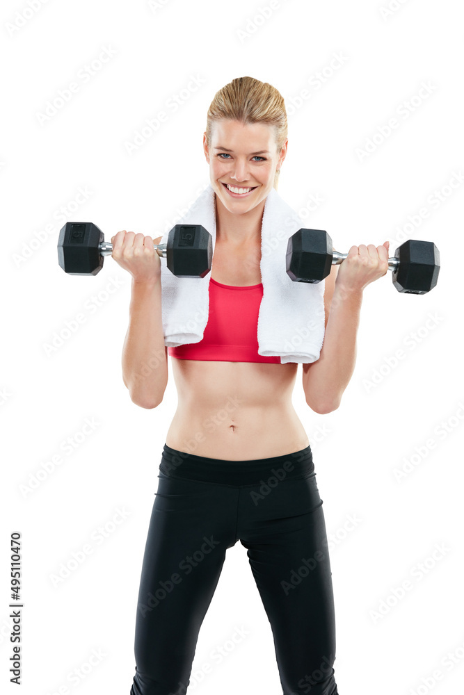 Change begins with believing in yourself. Studio shot of a young woman lifting weights. Change begins with believing in yourself. Studio shot of a young woman lifting weights.