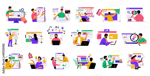 Coders and programmers. Application development. Software and website programing scenes. Coding and testing internet services. Men or women working with computers. Vector developers set