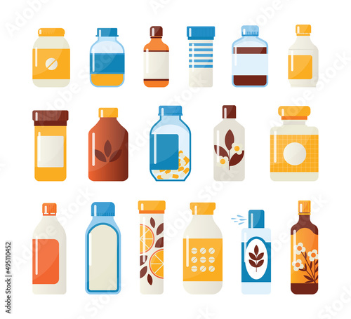 Drug bottles. Medicine or pharmacy containers with pills. Prescription medication. Vitamin capsules. Antiseptic liquid jars. Painkiller or antibiotic remedy. Vector tablet packages set