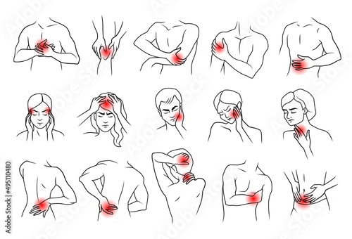 Human body pain. Neck muscle head and joints painful symptoms. People line figures with ache localization. Discomfort in knees and elbows Headache and backache. Vector injuries set photo