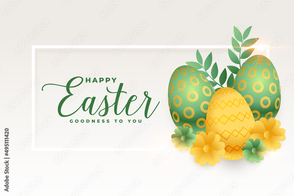 happy easter realistic card with eggs and leaves happy easter realistic card with eggs and leaves