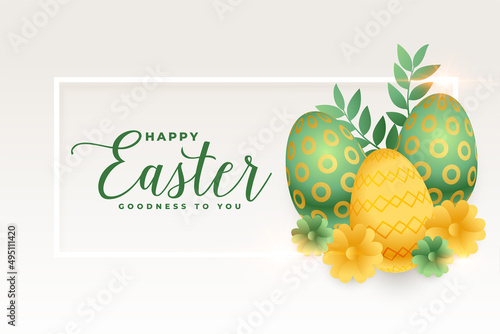 happy easter realistic card with eggs and leaves