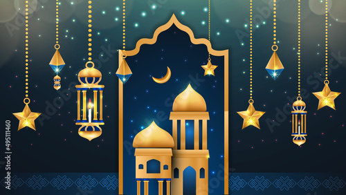 modern Islamic Ramadan Kareem banner background with crescent pattern moon star mosque lantern