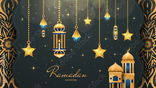 modern Islamic Ramadan Kareem banner background with crescent pattern moon star mosque lantern