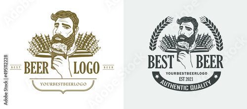 Hand-drawn hipster man with a mustache, beard with beer. Vector beer logo. Stickers. Vector logo design template. Beer, ale or drink, beverage icon