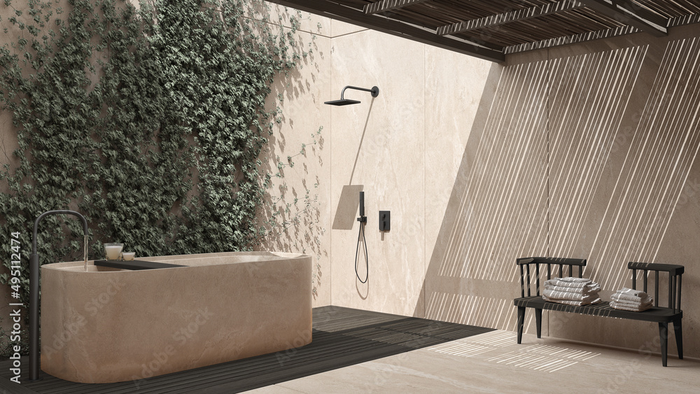 Minimalist bathroom in dark tones, japanese zen style, exterior eco