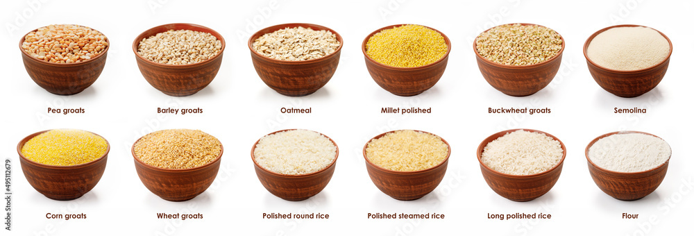Set of different groats  in one panorama. High quality photo. Barley, pea, buckwheat, rice, flour, oatmeal, corn/wheat groat, pearl barley, millet polished, semolina.